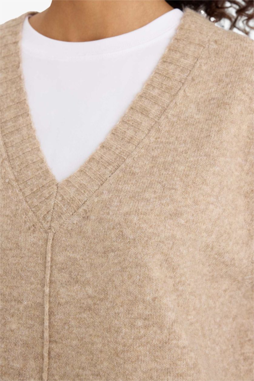 Әйелдерге Қоңыр қалыпты пішім v жаға трикотаж Жилет