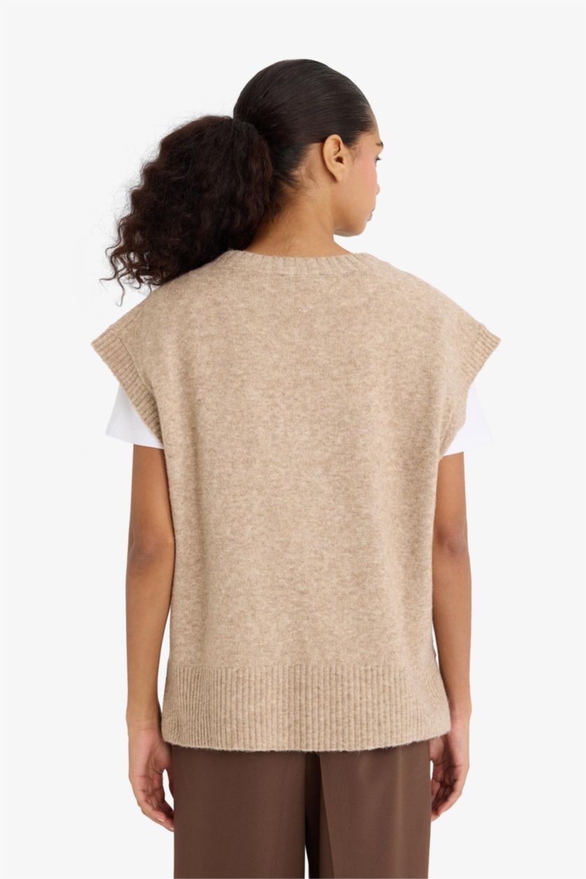 Әйелдерге Қоңыр қалыпты пішім v жаға трикотаж Жилет