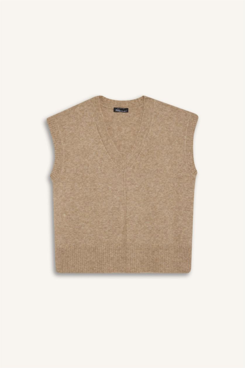 Әйелдерге Қоңыр қалыпты пішім v жаға трикотаж Жилет