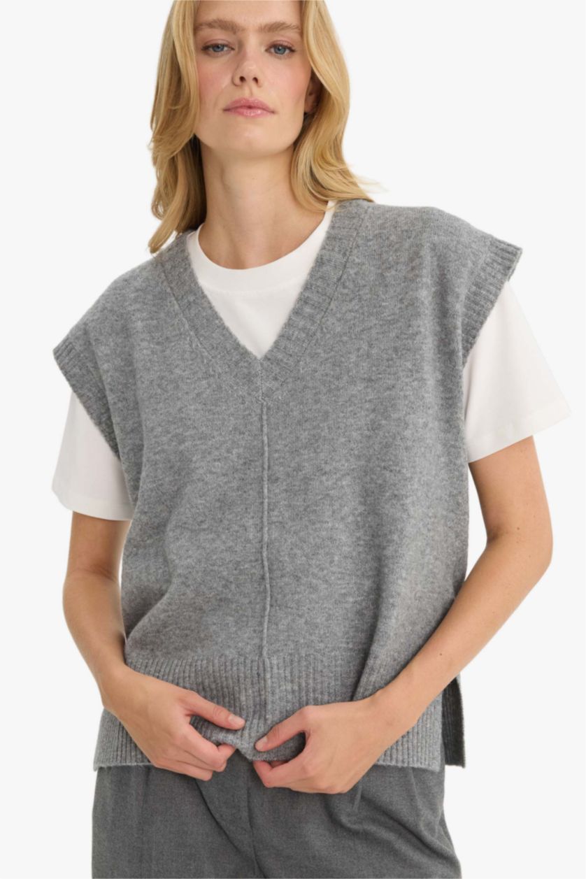 Әйелдерге Сұр қалыпты пішім v жаға трикотаж Жилет