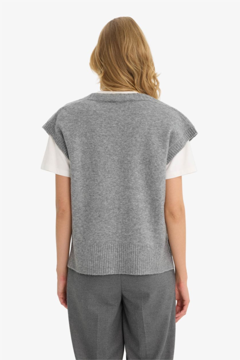 Әйелдерге Сұр қалыпты пішім v жаға трикотаж Жилет