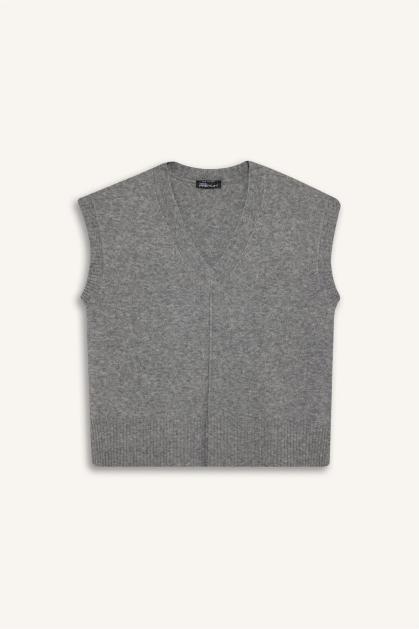 Әйелдерге Сұр қалыпты пішім v жаға трикотаж Жилет