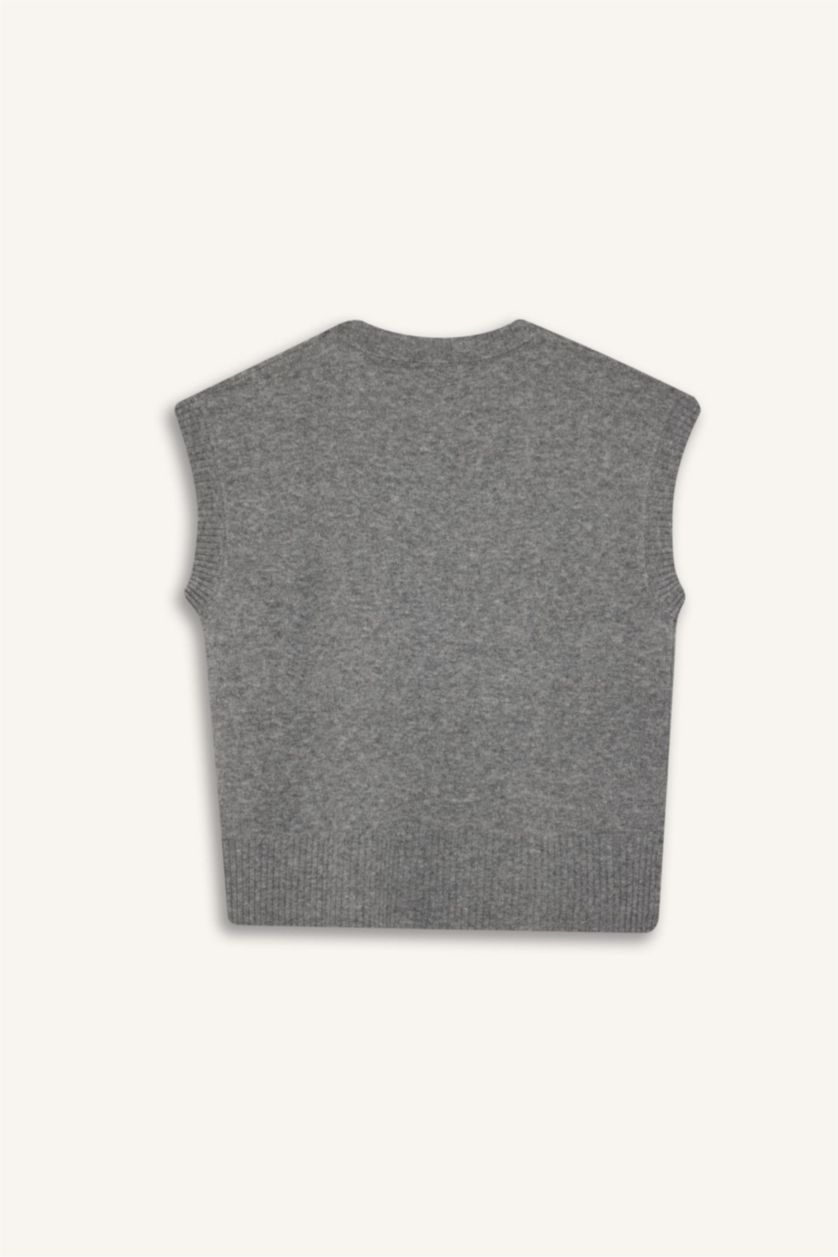 Әйелдерге Сұр қалыпты пішім v жаға трикотаж Жилет