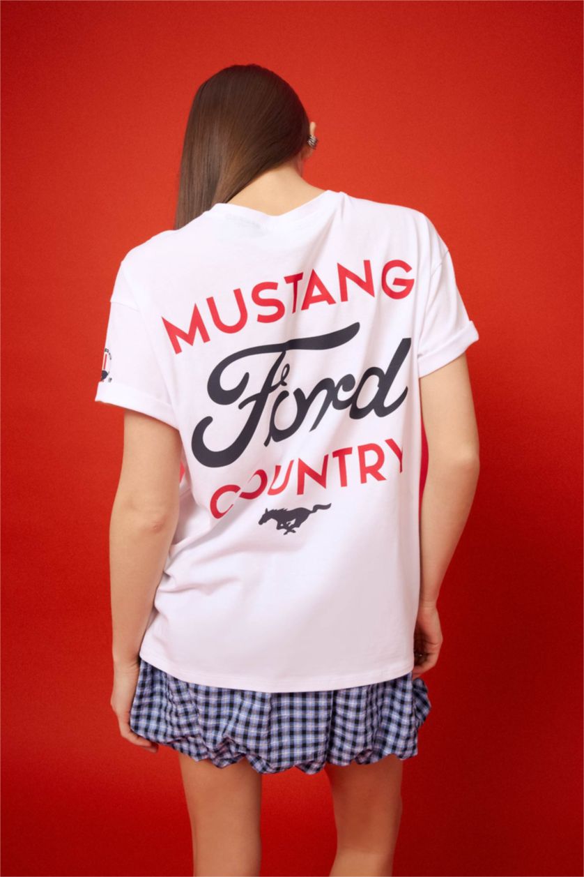 Kadın Violet Beyaz Ford Motor Company Oversize Geniş Kalıp Sırt Baskılı Kısa Kollu Tişört