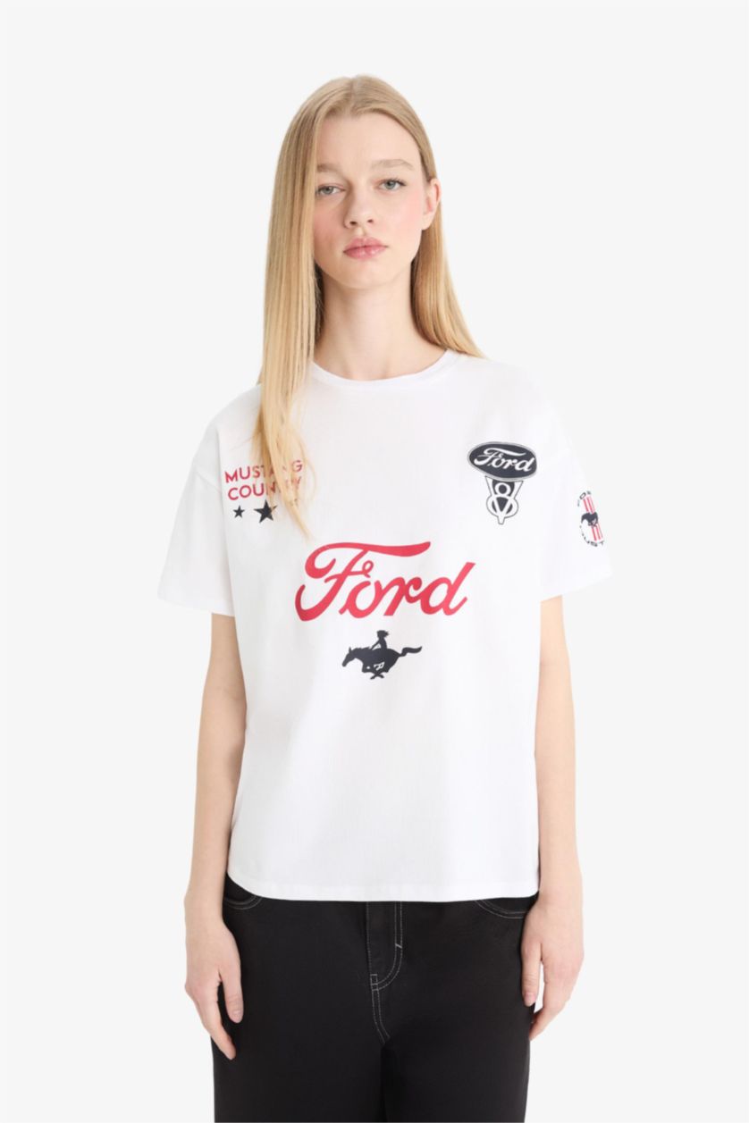 Kadın Violet Beyaz Ford Motor Company Oversize Geniş Kalıp Sırt Baskılı Kısa Kollu Tişört