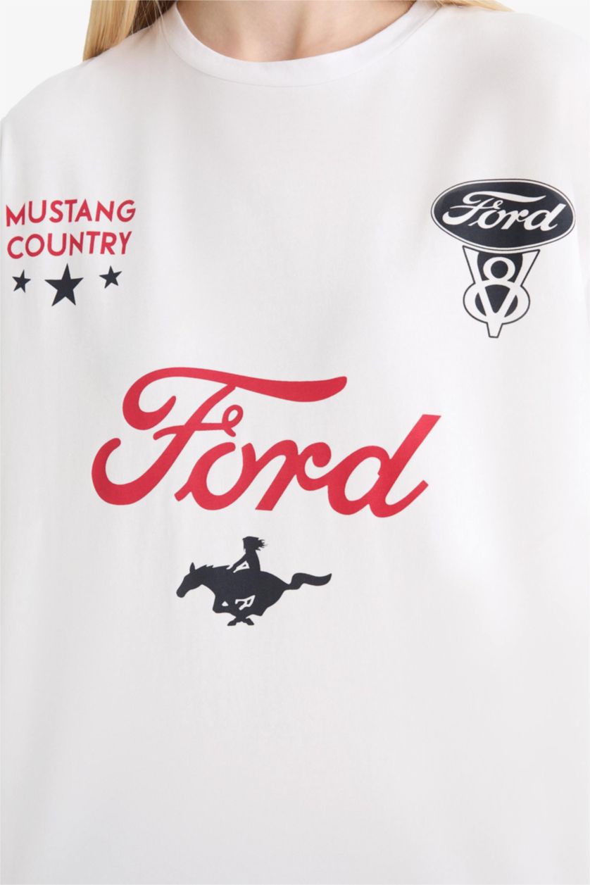 Kadın Violet Beyaz Ford Motor Company Oversize Geniş Kalıp Sırt Baskılı Kısa Kollu Tişört