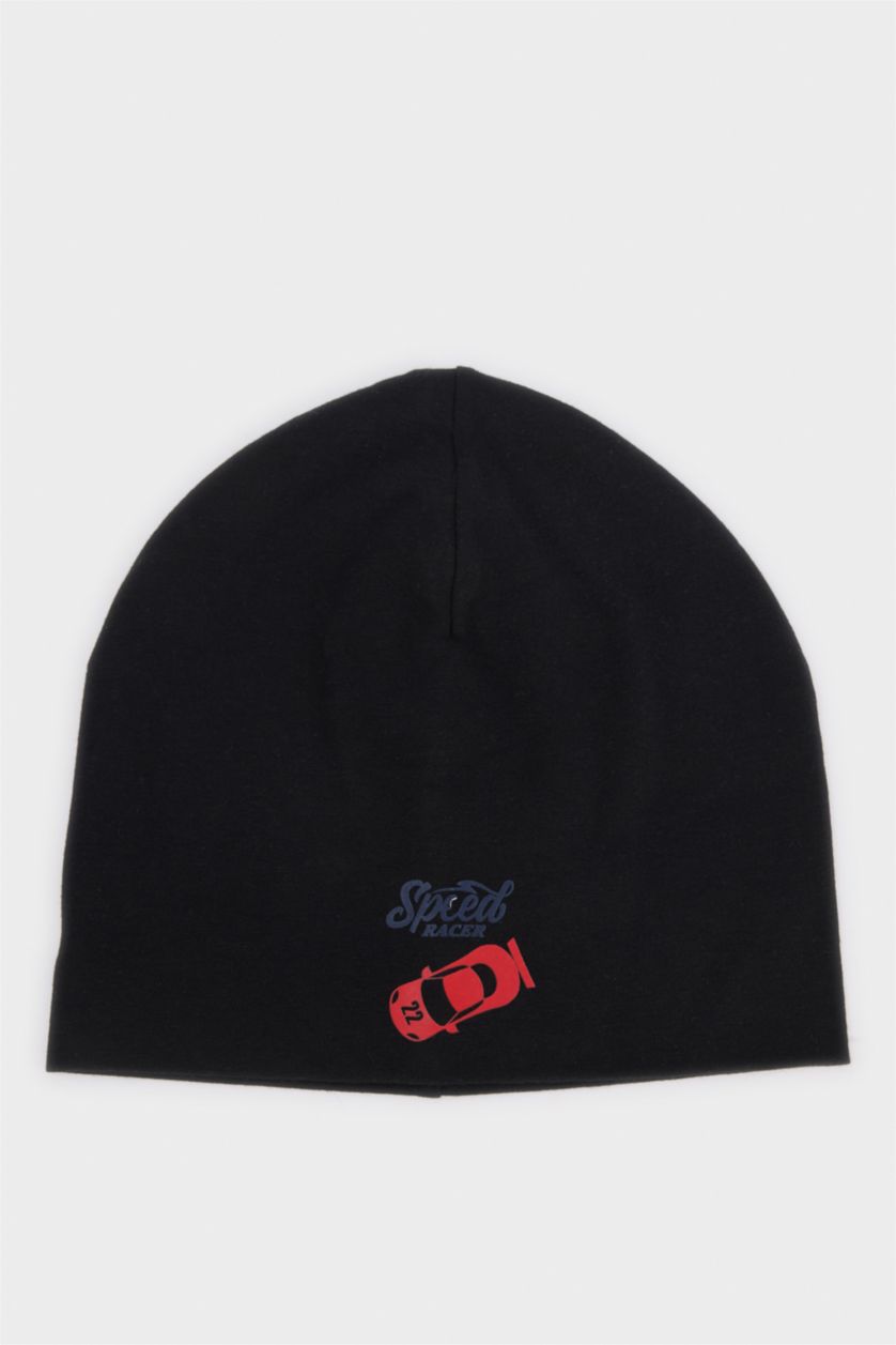 Erkek Çocuk - Genç Erkek Siyah Erkek Çocuk Baskılı Pamuklu Bere