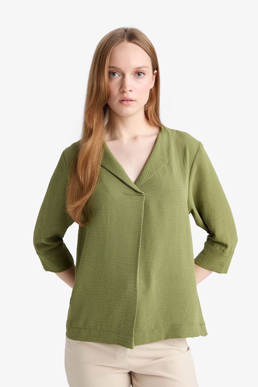 WOMAN Green Regular Fit Flap Collar Long Sleeve Blouse