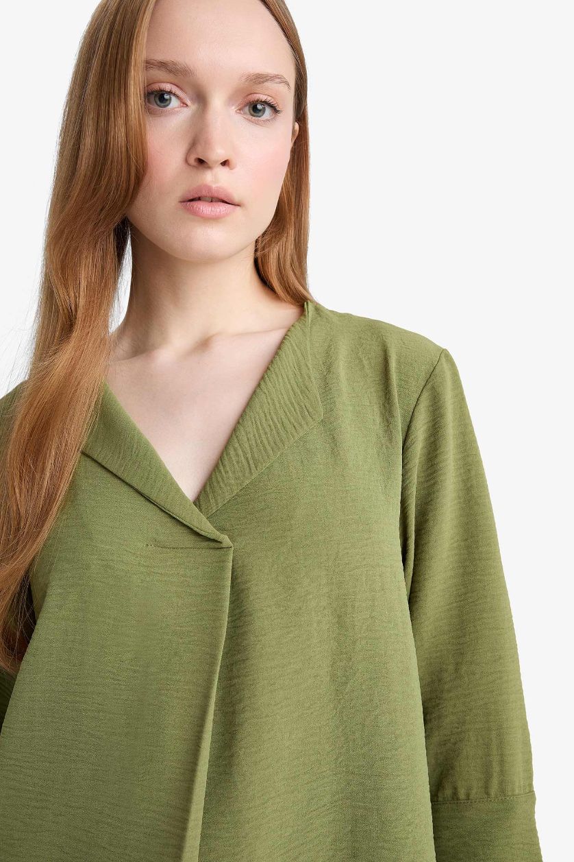 WOMAN Green Regular Fit Flap Collar Long Sleeve Blouse