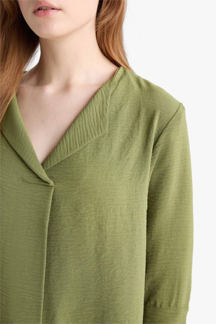 WOMAN Green Regular Fit Flap Collar Long Sleeve Blouse