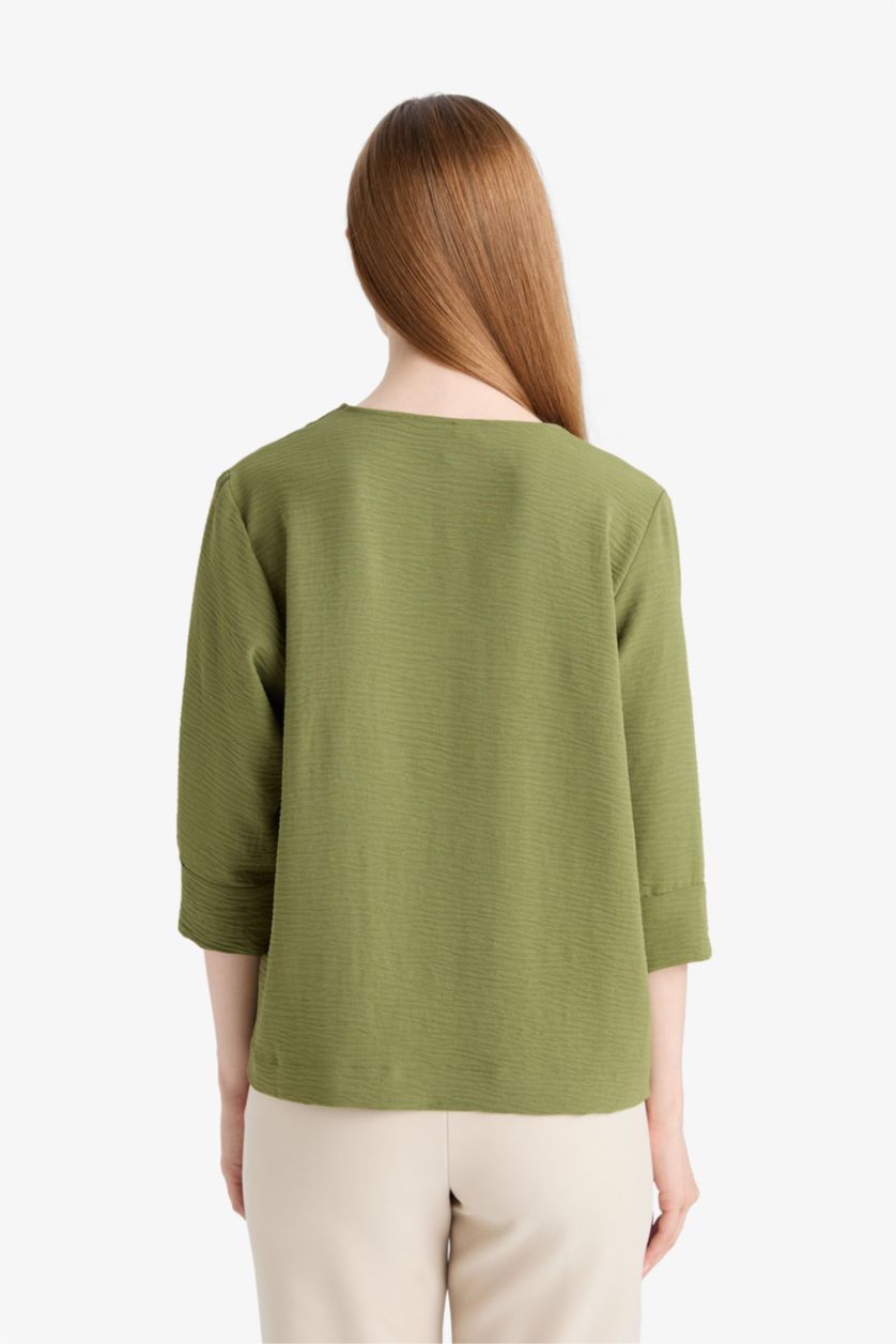 WOMAN Green Regular Fit Flap Collar Long Sleeve Blouse