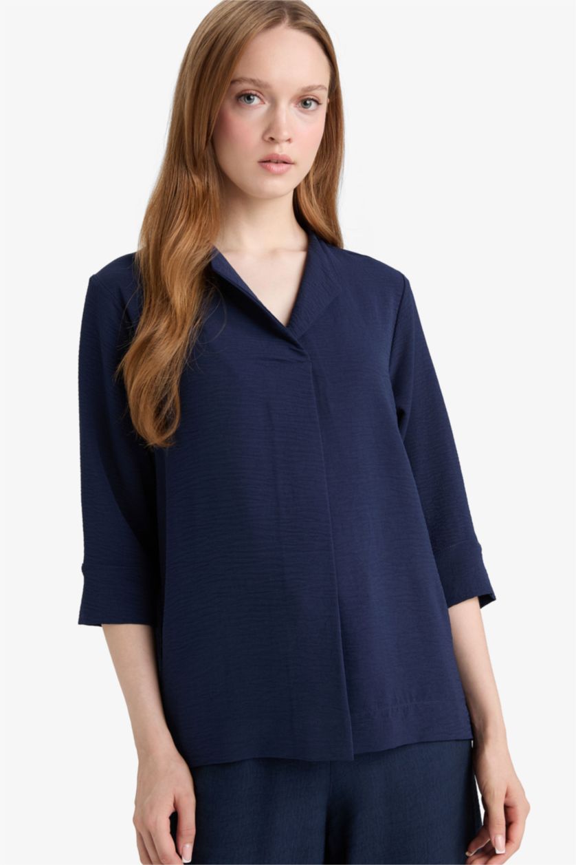 WOMAN NAVY Regular Fit Flap Collar Long Sleeve Blouse