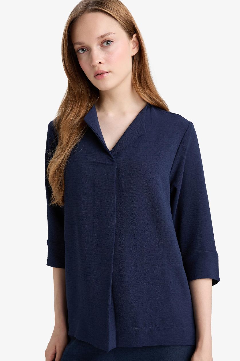 WOMAN NAVY Regular Fit Flap Collar Long Sleeve Blouse