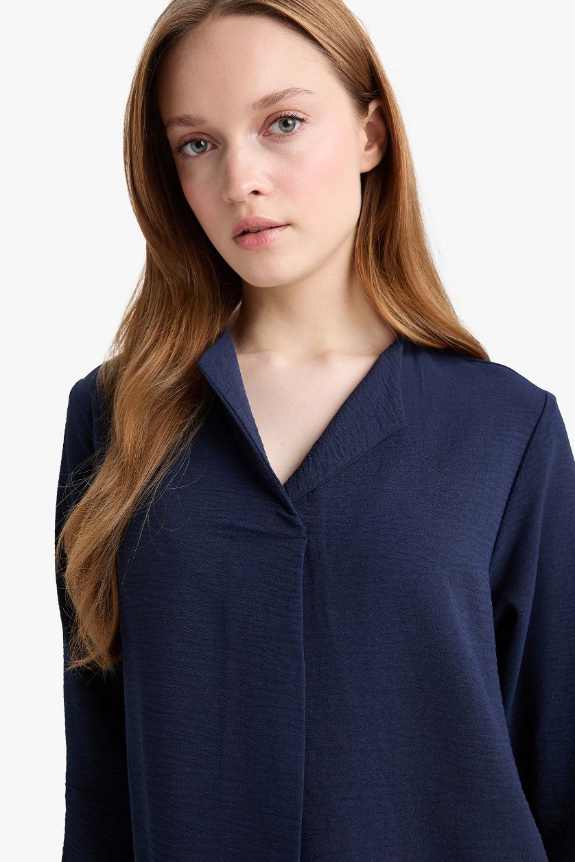 WOMAN NAVY Regular Fit Flap Collar Long Sleeve Blouse