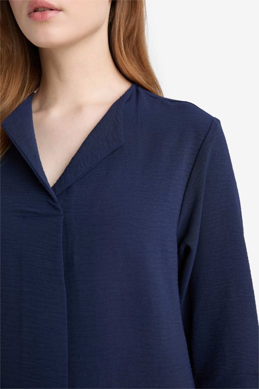WOMAN NAVY Regular Fit Flap Collar Long Sleeve Blouse