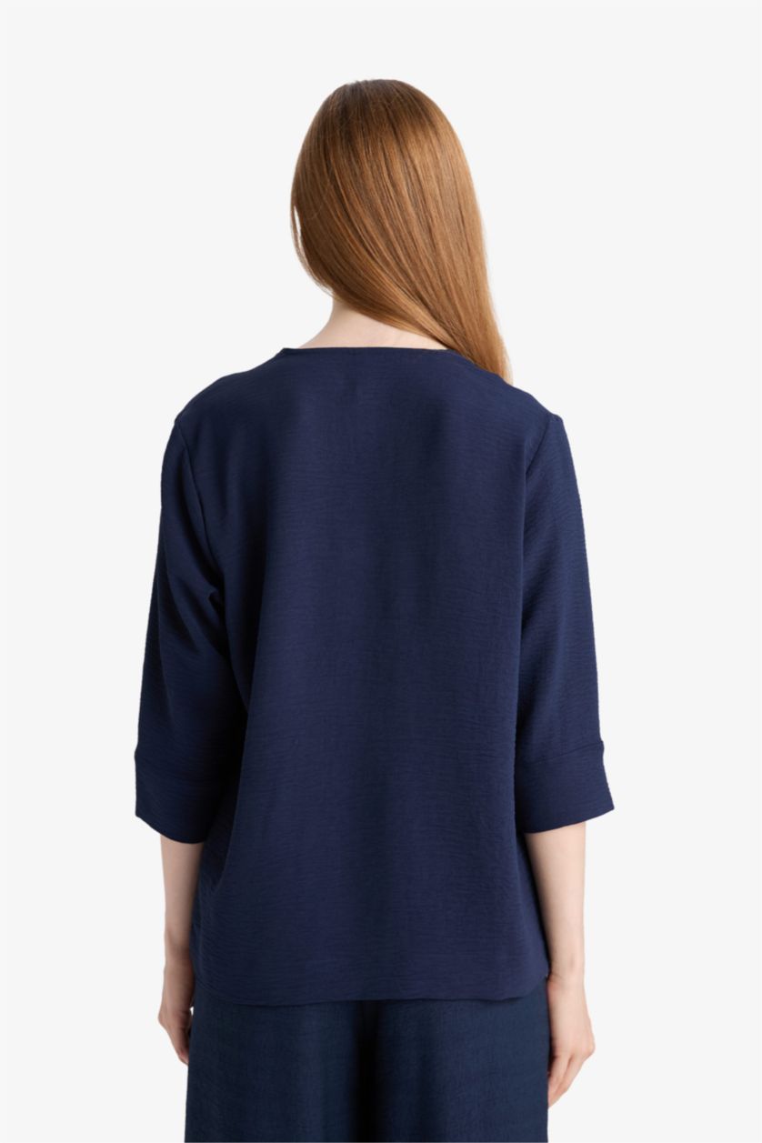 WOMAN NAVY Regular Fit Flap Collar Long Sleeve Blouse