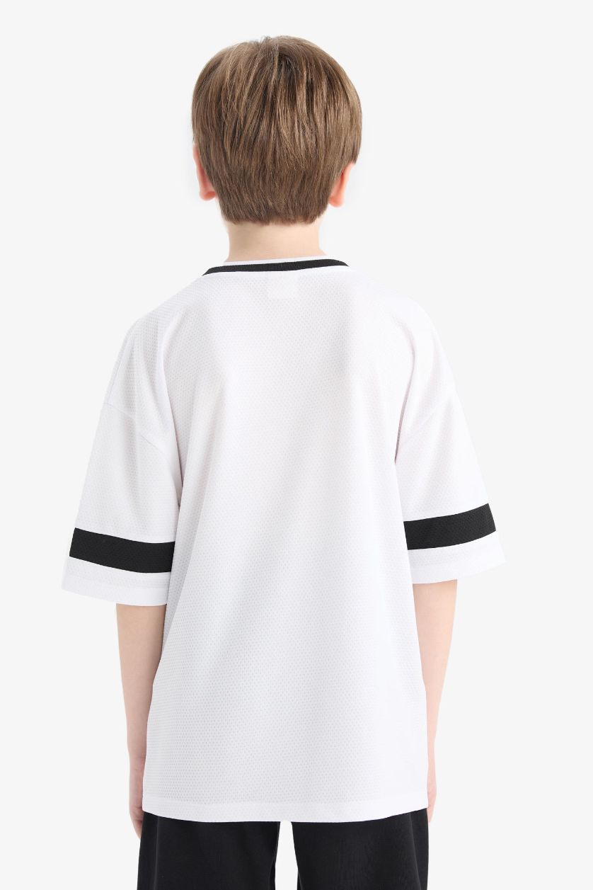 Erkek Çocuk - Genç Erkek Violet Beyaz Oversize Geniş Kalıp V Yaka Baskılı Tül Kısa Kollu Tişört Erkek Çocuk