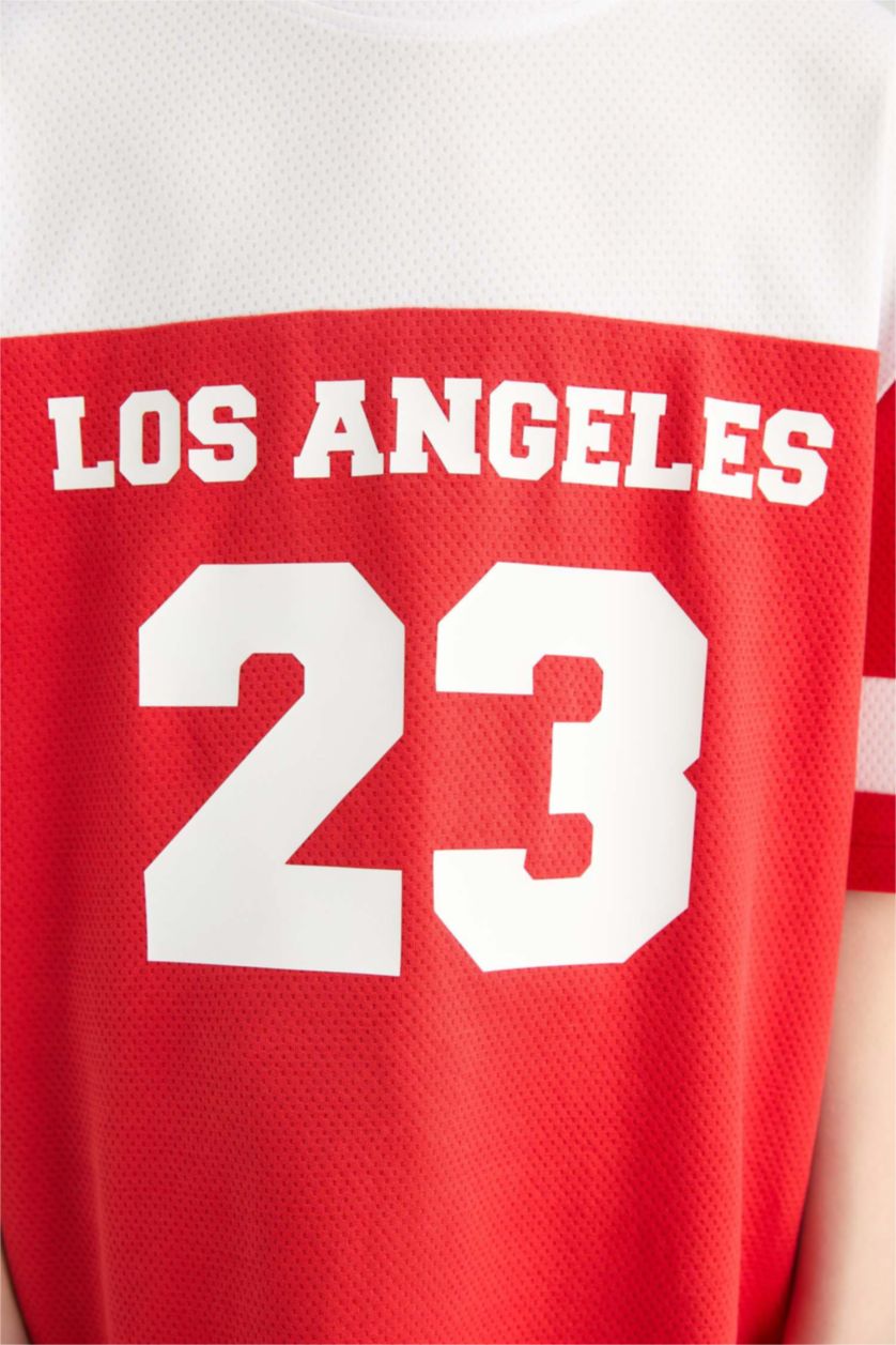 Erkek Çocuk - Genç Erkek Kırmızı Oversize Geniş Kalıp Bisiklet Yaka Renk Bloklu Baskılı Kısa Kollu Tişört Erkek Çocuk