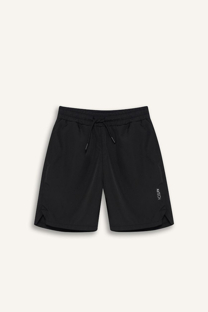 أولادي أسود شورت اولادي أسود بطبعة شعار قماش خفيف قصة عادية