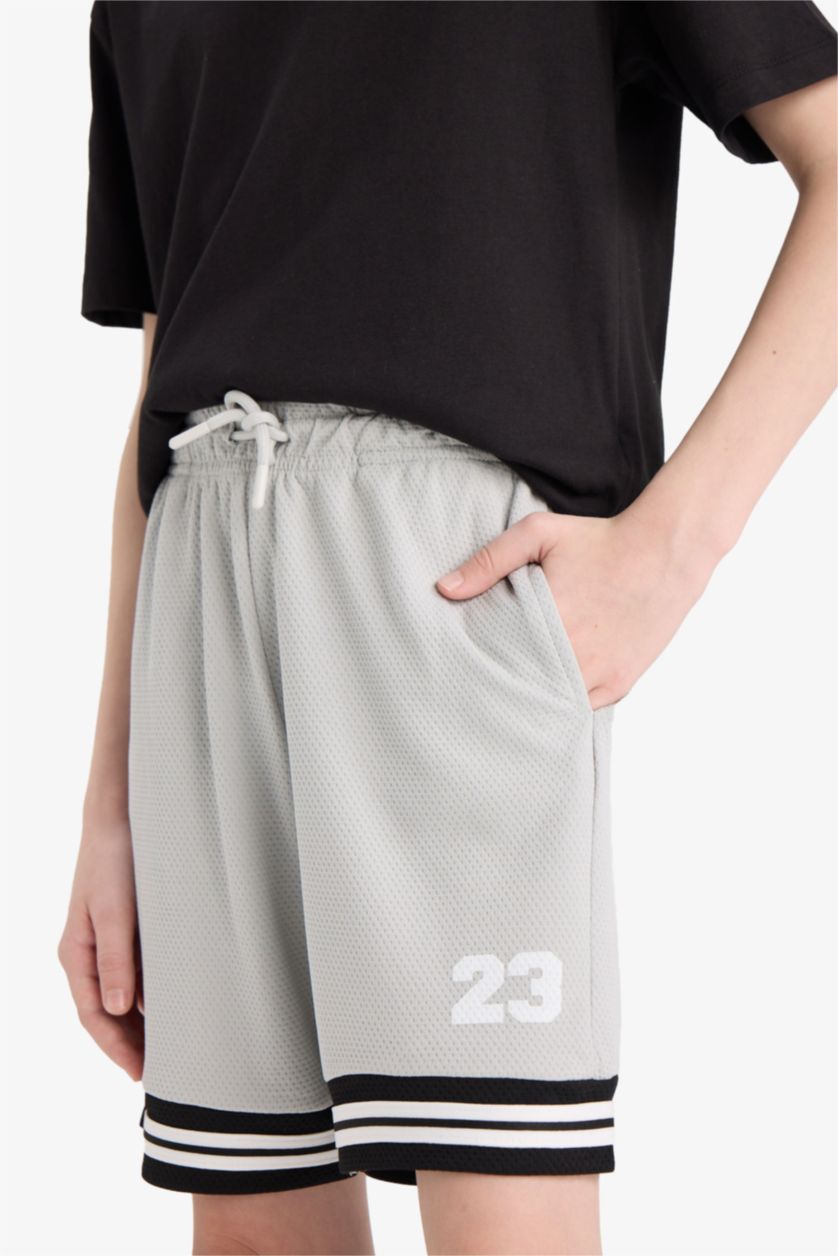 Erkek Çocuk - Genç Erkek Açık Gri Beli Lastikli Baskılı Şort Erkek Çocuk