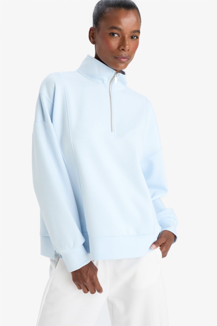 WOMAN Light Blue DeFactoFit Oversize Fit Collar Scuba Dive Fabric Sports Sweatshirt