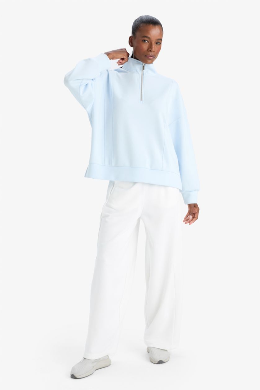 WOMAN Light Blue DeFactoFit Oversize Fit Collar Scuba Dive Fabric Sports Sweatshirt