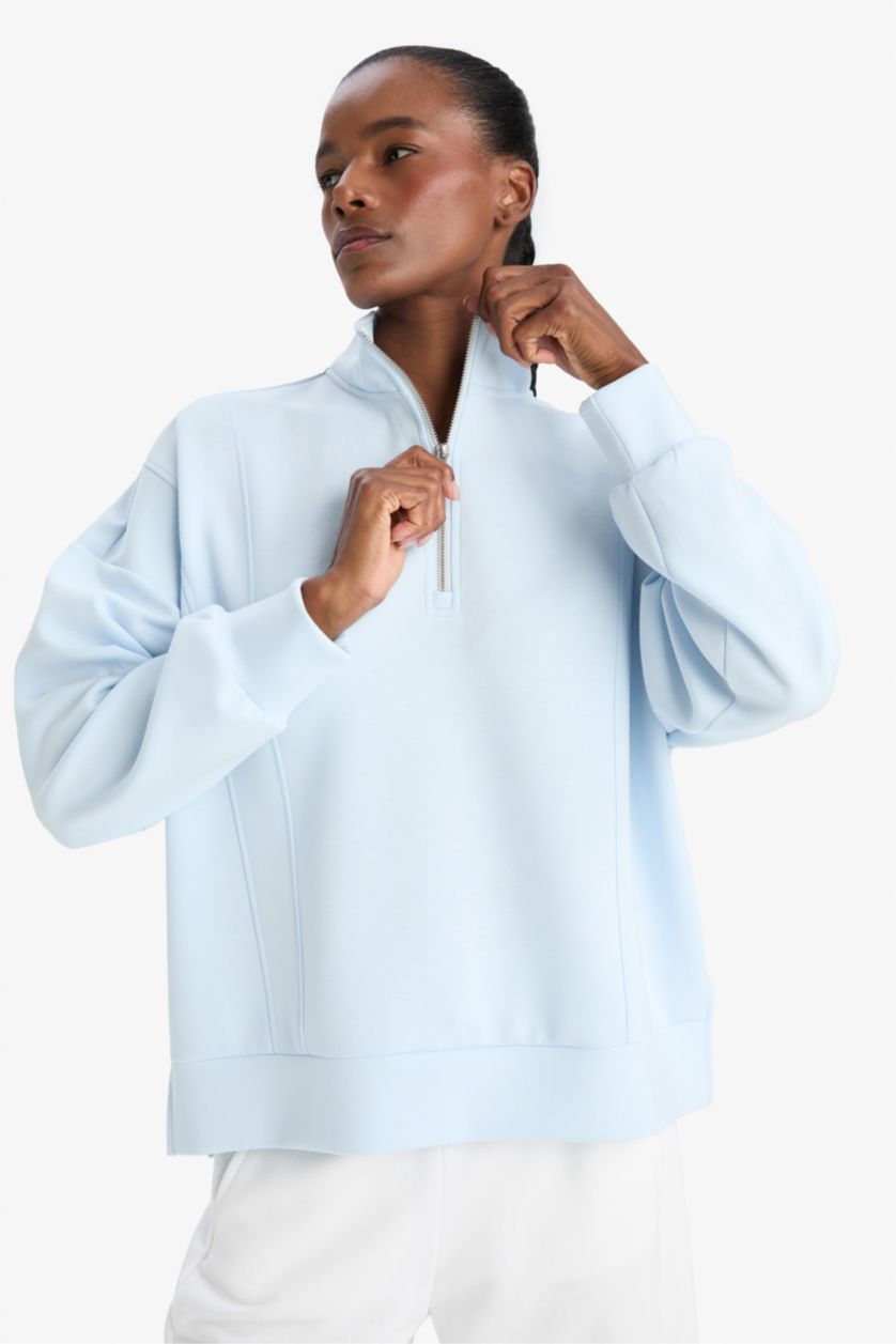 WOMAN Light Blue DeFactoFit Oversize Fit Collar Scuba Dive Fabric Sports Sweatshirt