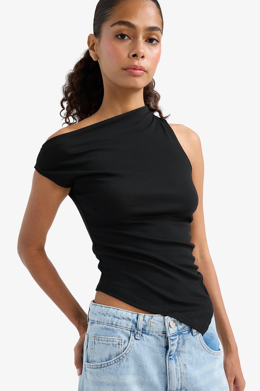Kadın Siyah Slim Fit Tek Omuzlu Ribana Bluz