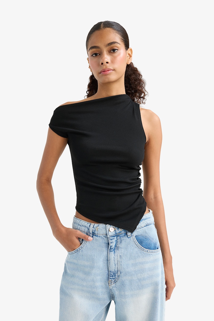 Kadın Siyah Slim Fit Tek Omuzlu Ribana Bluz
