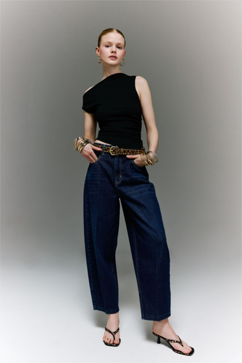 Женщины Черный Футболка Slim Fit в рубчик на одно плечо