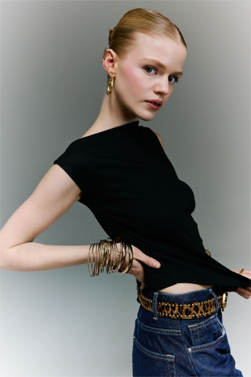 Женщины Черный Футболка Slim Fit в рубчик на одно плечо