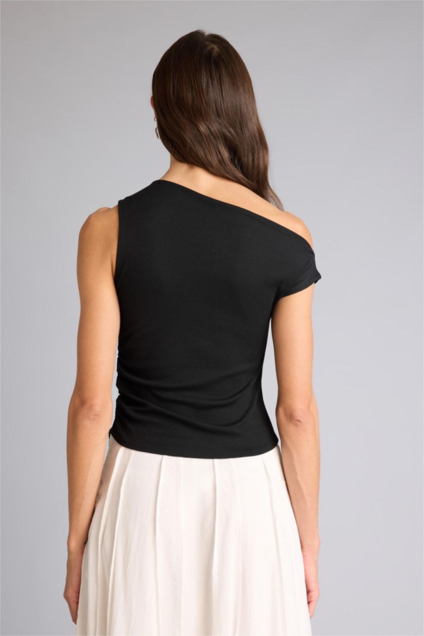 Женщины Черный Футболка Slim Fit в рубчик на одно плечо