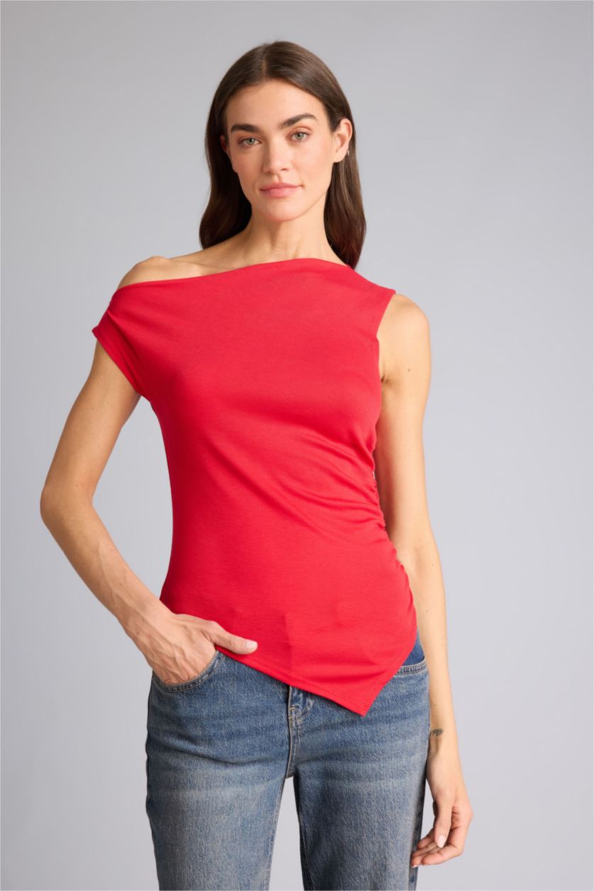 Kadın Kırmızı Slım Fıt Tek Omuzlu Ribana Tişört