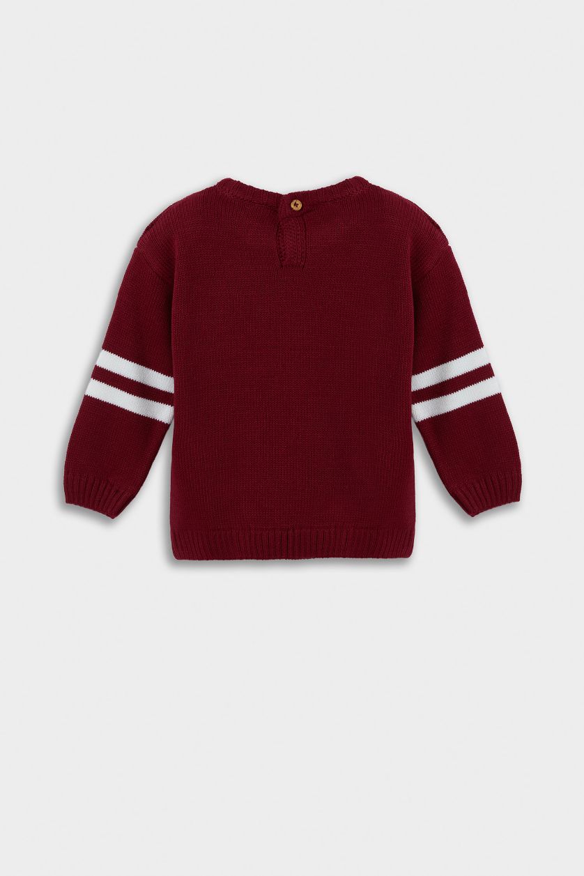 Erkek Bebek Bordo Bisiklet Yaka Baskılı Triko Kazak Erkek Bebek