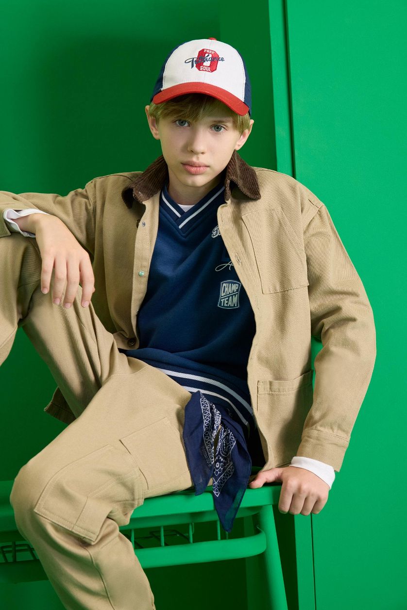 Erkek Çocuk - Genç Erkek Bej Oversize Geniş Kalıp Polo Yaka Gabardin Uzun Kollu Okul Gömleği Erkek Çocuk