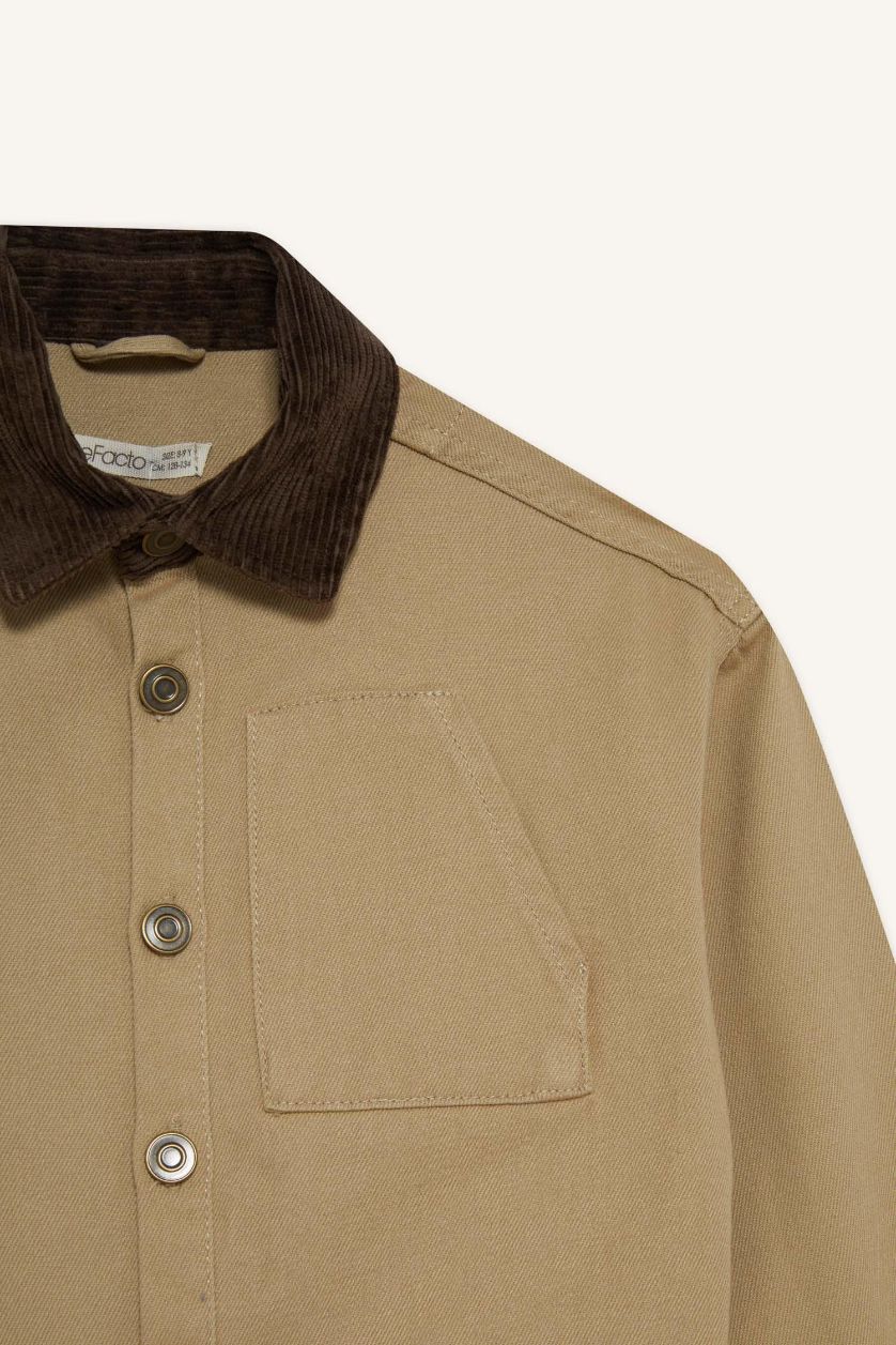 Erkek Çocuk - Genç Erkek Bej Oversize Geniş Kalıp Polo Yaka Gabardin Uzun Kollu Okul Gömleği Erkek Çocuk