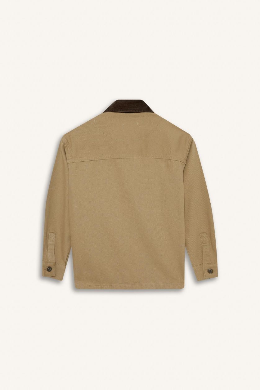 Erkek Çocuk - Genç Erkek Bej Oversize Geniş Kalıp Polo Yaka Gabardin Uzun Kollu Okul Gömleği Erkek Çocuk