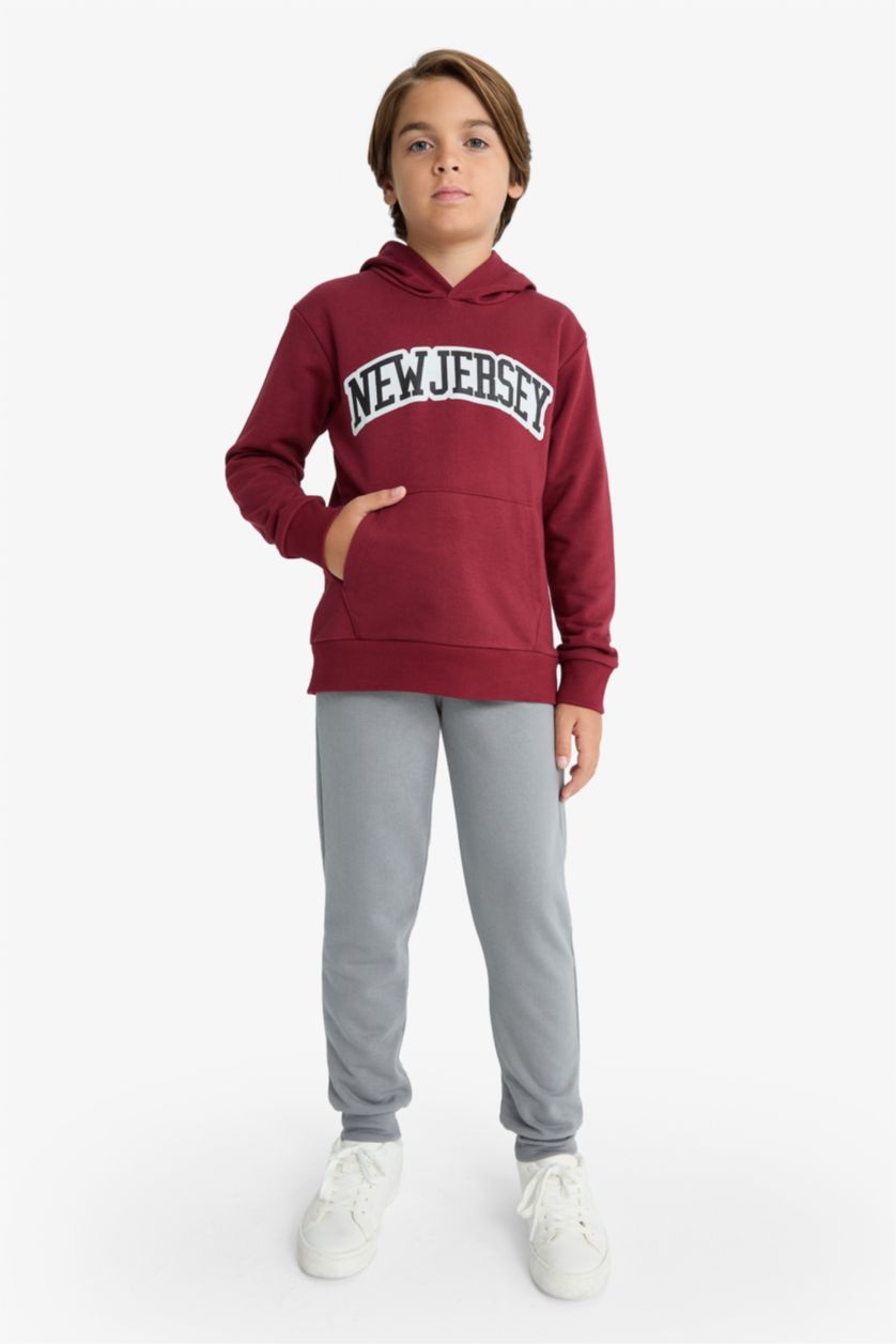 Erkek Çocuk - Genç Erkek Bordo 2'li Takım Baskılı Kapüşonlu Sweatshirt Eşofman Altı Erkek Çocuk
