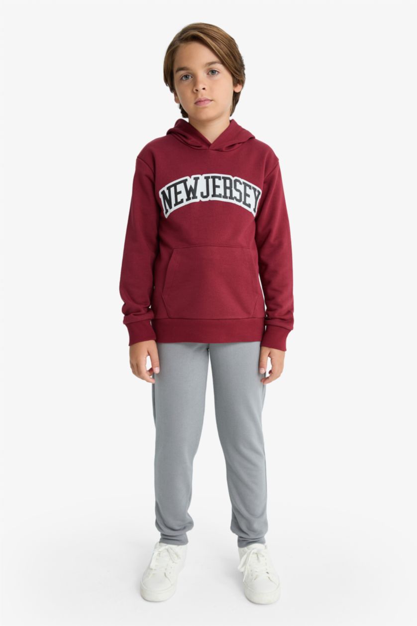 Erkek Çocuk - Genç Erkek Bordo 2'li Takım Baskılı Kapüşonlu Sweatshirt Eşofman Altı Erkek Çocuk