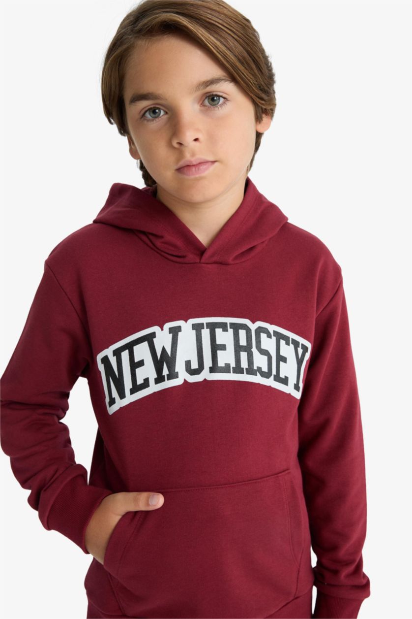 Erkek Çocuk - Genç Erkek Bordo 2'li Takım Baskılı Kapüşonlu Sweatshirt Eşofman Altı Erkek Çocuk