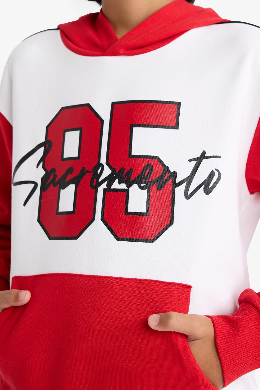 Erkek Çocuk - Genç Erkek Kırmızı 2'li Takım Kapüşonlu Baskılı Sweatshirt Eşofman Altı Erkek Çocuk