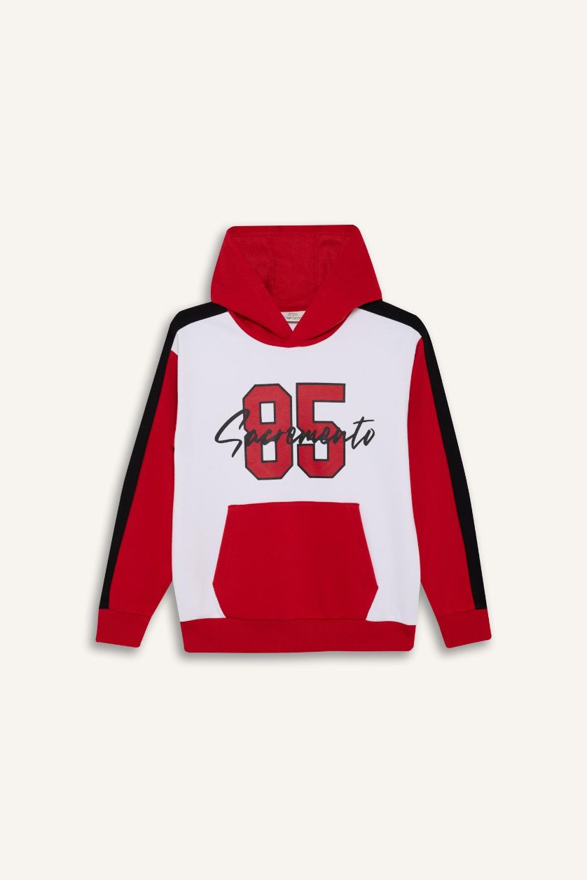 Erkek Çocuk - Genç Erkek Kırmızı 2'li Takım Kapüşonlu Baskılı Sweatshirt Eşofman Altı Erkek Çocuk