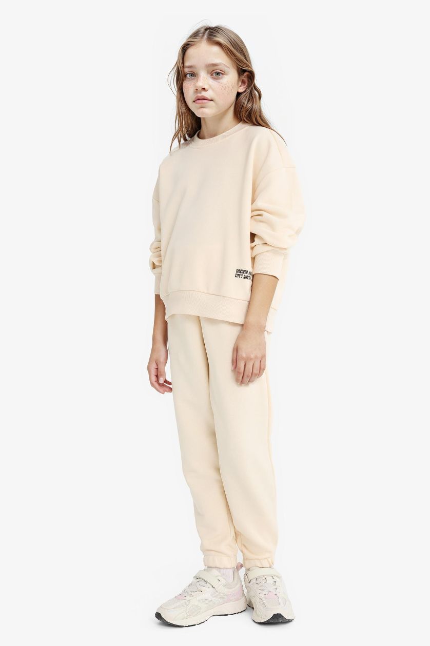 بناتي حجري فاتح طقم بناتي سويت شيرت وسويت بانتس - قطعتين