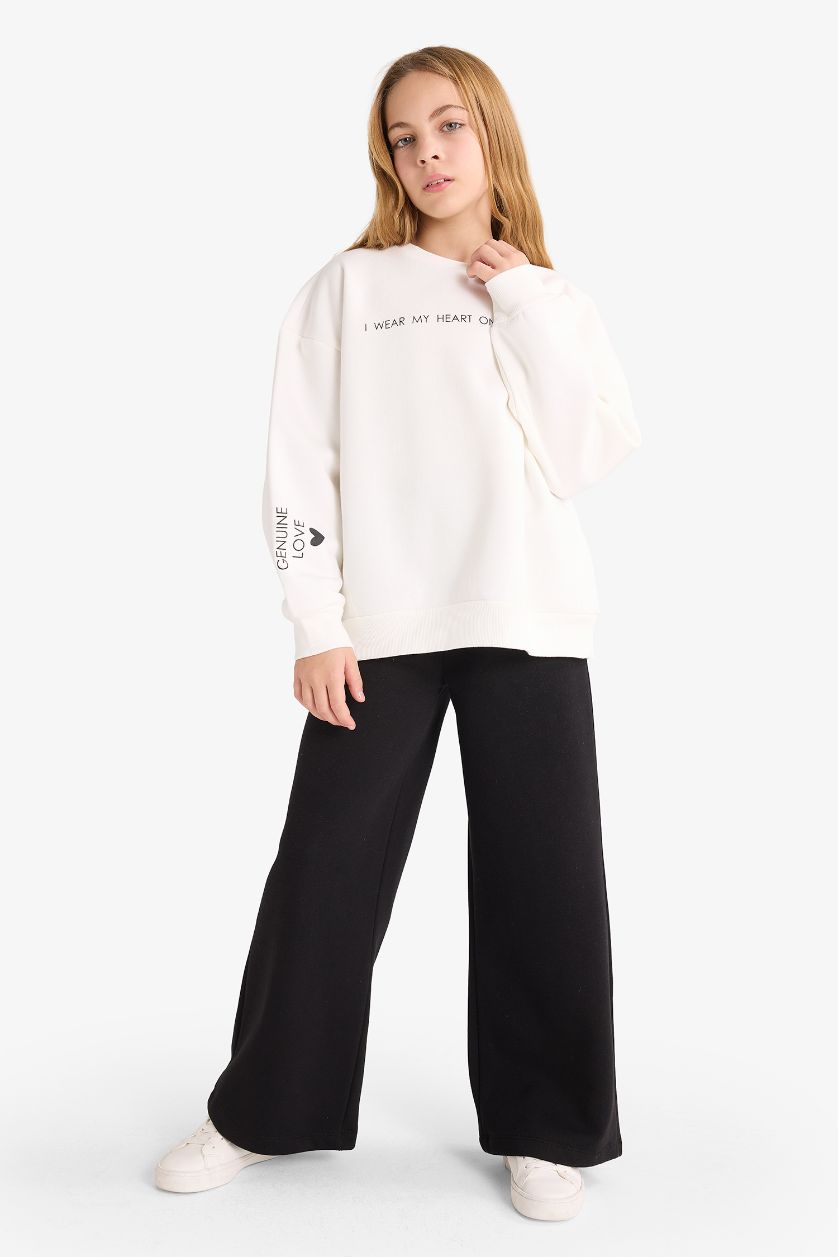 Kız Çocuk - Genç Kız Ekru 2'li Takım Baskılı Sweatshirt Eşofman Altı Kız Çocuk