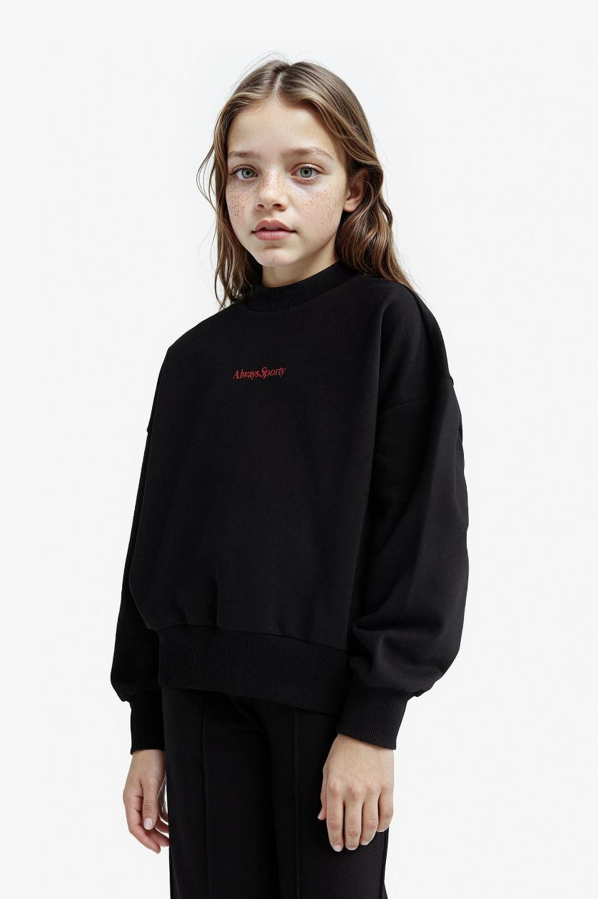 Kız Çocuk - Genç Kız Siyah 2'li Takım Baskılı Sweatshirt Eşofman Altı Kız Çocuk