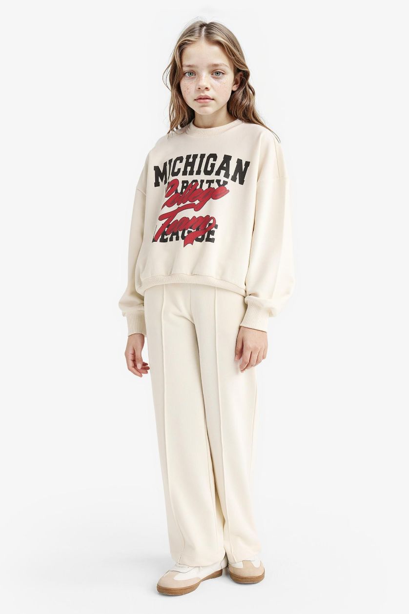 Kız Çocuk - Genç Kız Ekru 2'li Takım Baskılı Sweatshirt Eşofman Altı Kız Çocuk