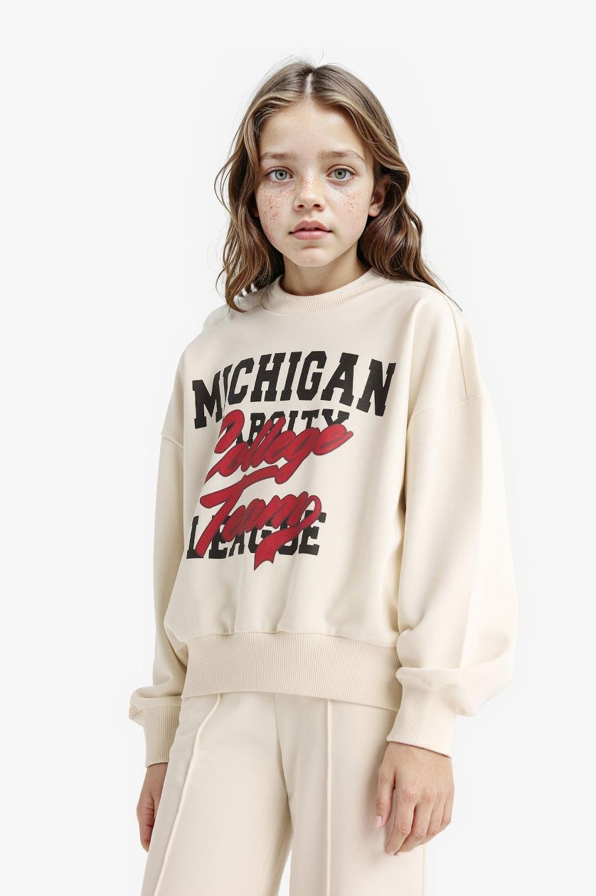 Kız Çocuk - Genç Kız Ekru 2'li Takım Baskılı Sweatshirt Eşofman Altı Kız Çocuk