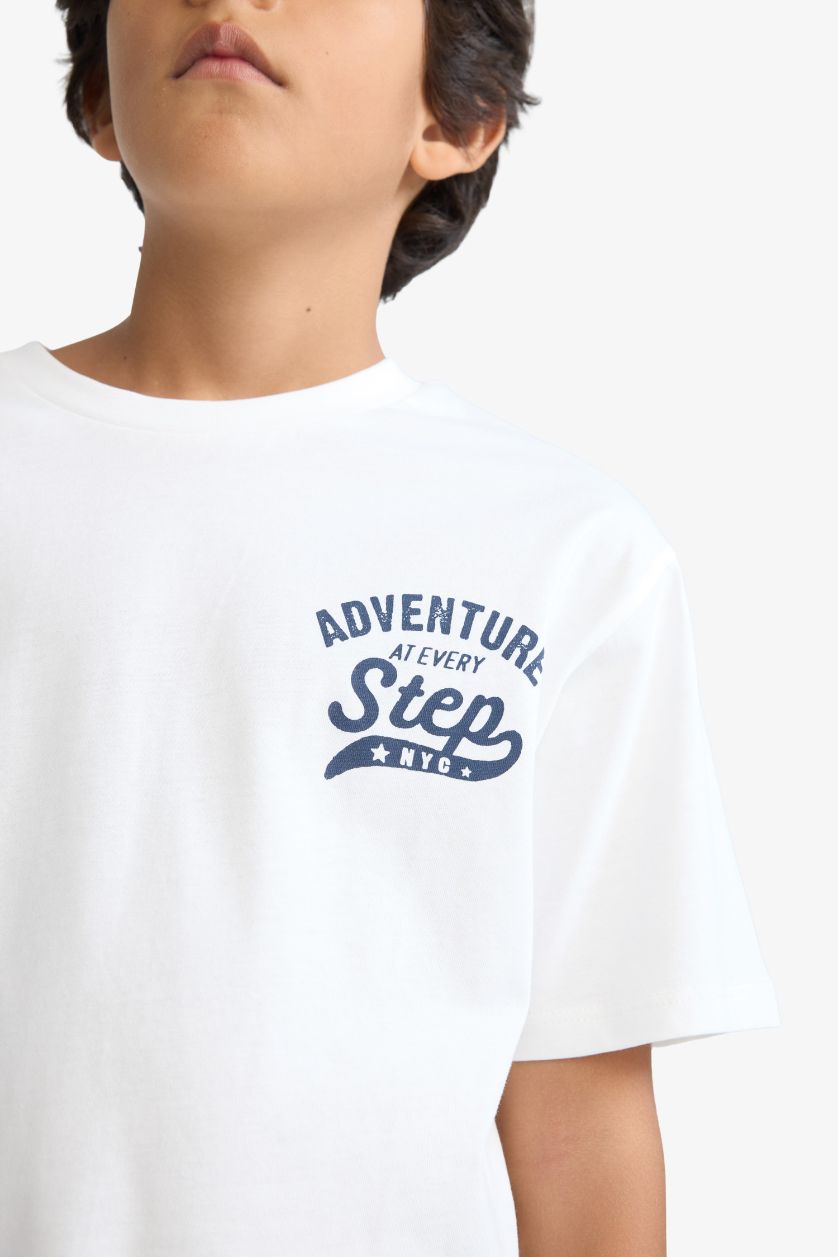 Erkek Çocuk - Genç Erkek Ekru Bisiklet Yaka Baskılı Kısa Kollu Tişört Erkek Çocuk