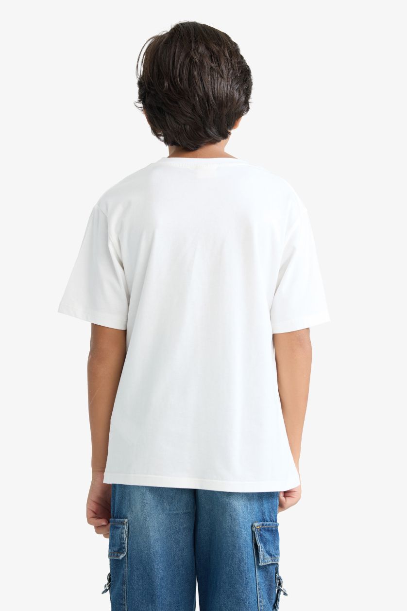 Erkek Çocuk - Genç Erkek Ekru Bisiklet Yaka Baskılı Kısa Kollu Tişört Erkek Çocuk