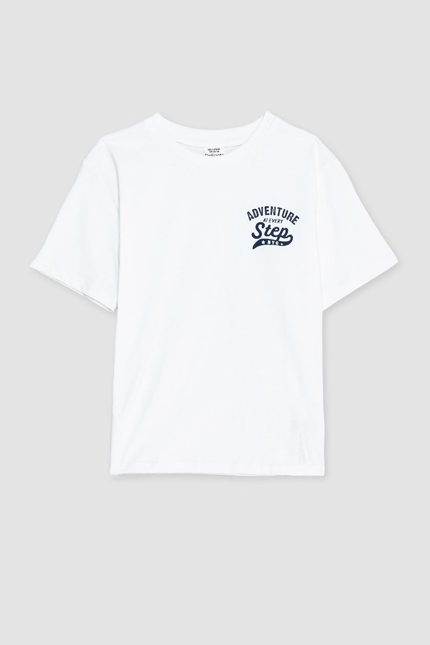 Erkek Çocuk - Genç Erkek Ekru Bisiklet Yaka Baskılı Kısa Kollu Tişört Erkek Çocuk